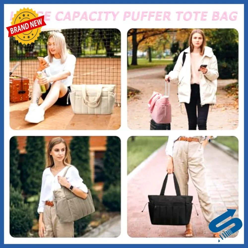 Lightweight Puffer Tote Bag with Compartments for Work and Travel